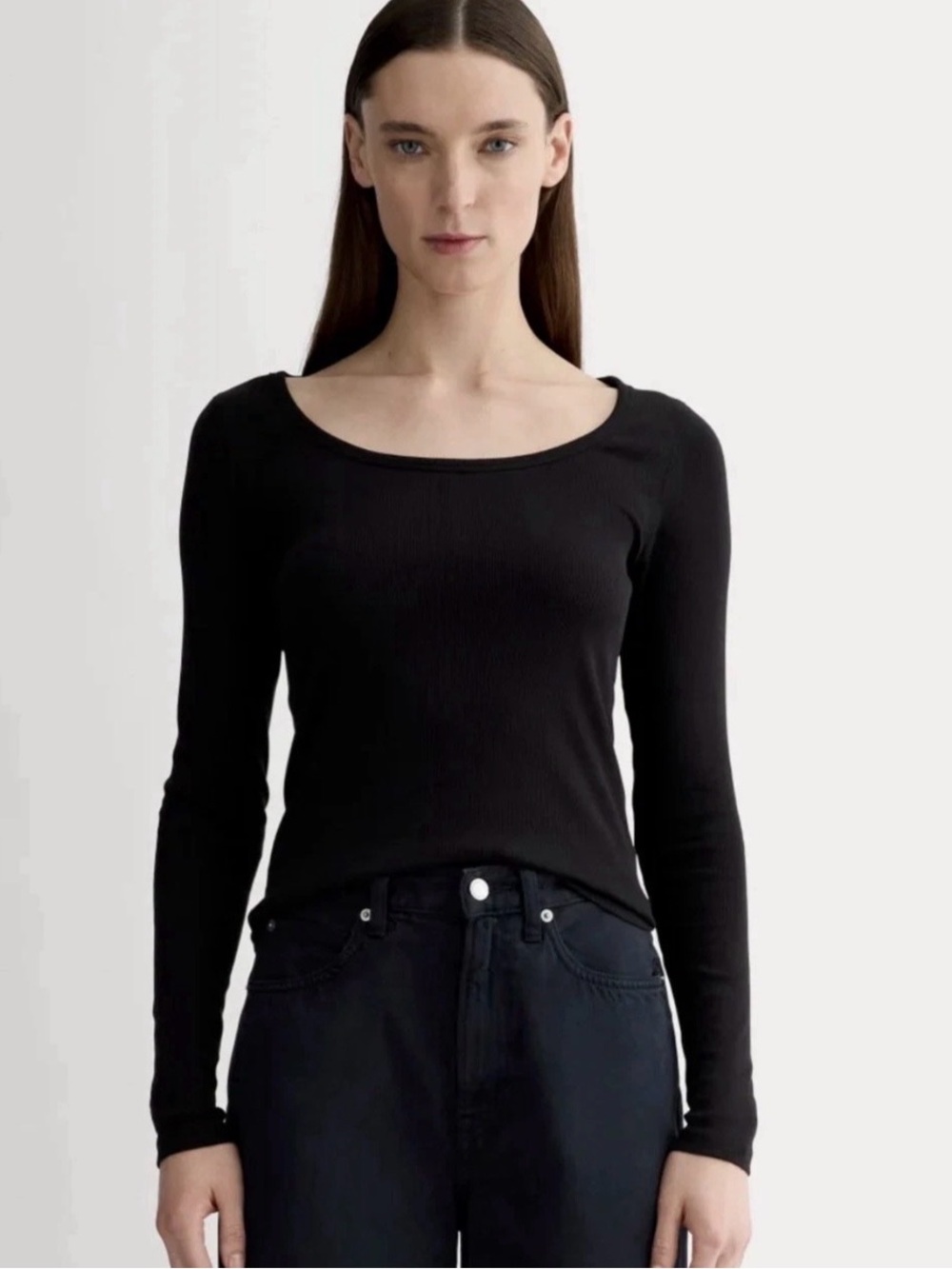 Everlane Luxe Rib Long Sleeve Scoop Neck Tee in Black Size S Supima Cotton, Luxe